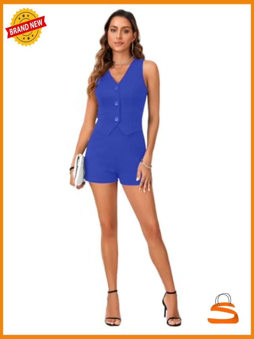 Sleeveless V-Neck Jumpsuit, Slim Fit Blazer Vest, Summer Romper, Rayon Blend - Picture 6 of 7